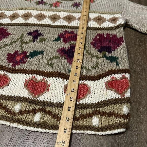 Vintage 90s Cabin Creek Women Knit Sweater Granny Beige Hearts Floral Size L - Picture 9 of 9